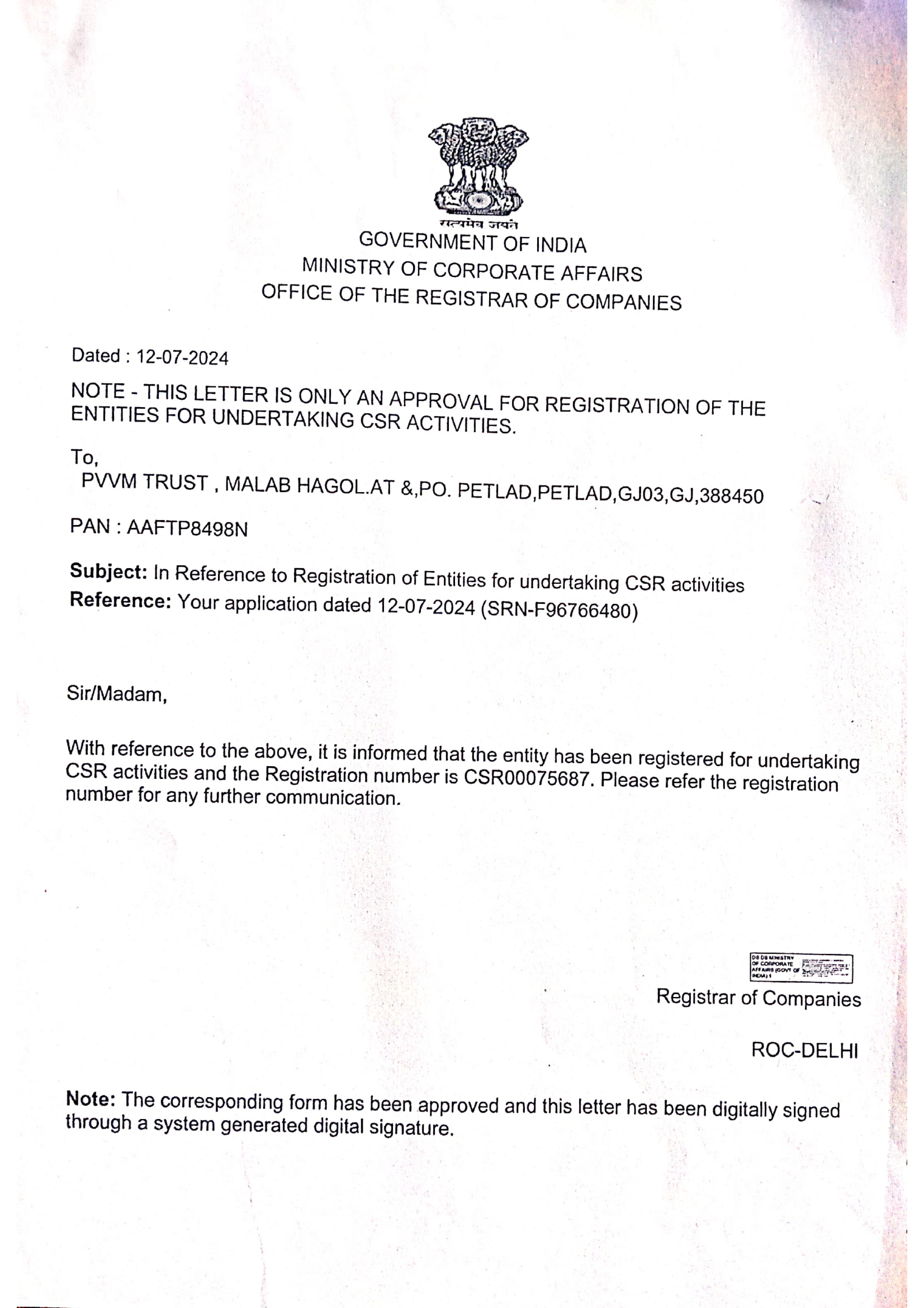 MCA CSR Registration Letter